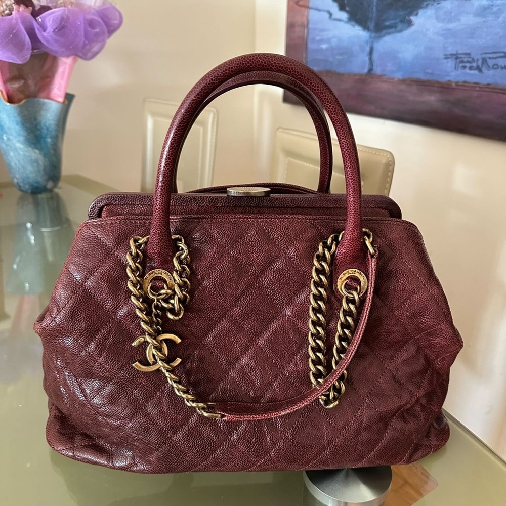 Chanel burgundy red glazed caviar frame shiva tote bag W aged gold hardw…